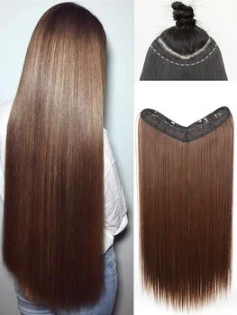 Синтетический парик для наращивания длинных прямых волос V-образной формы 24 ДЮЙМА из натурального черно-коричневого 4 зажима В одном куске
