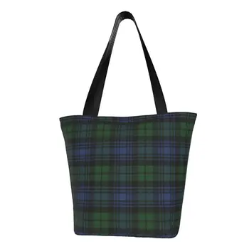 Переработка Черных часов Шотландская клетчатая сумка для покупок Женская холщовая сумка через плечо Моющиеся Продуктовые сумки для покупок