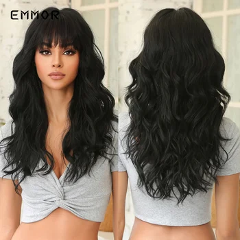 Женские парики Emmor Black с длинной волной и челкой, высококачественный синтетический парик для косплея, натуральные Термостойкие синтетические волосы