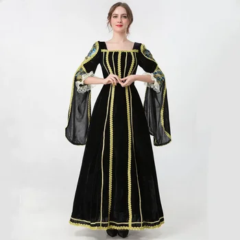 Ренессанс Винтажный Средневековый костюм Виктории для женщин, косплей принцессы на Хэллоуин, бархатное платье-халат с расклешенными рукавами для вечеринок, длинное платье-халат