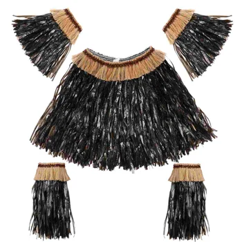 Гавайский наряд, юбка-хула, женские повязки на руки и ноги, травяная юбка Luau для вечеринки, украшения для вечеринки (черный)