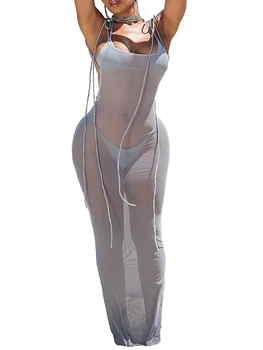 Женское прозрачное сетчатое макси-платье, однотонное леопардовое платье с завязками на спине, прозрачное облегающее длинное платье, пляжные клубные накидки
