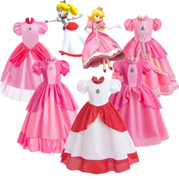 супер-персиковое платье принцессы для девочек, детский костюм королевы косплея, одежда в персиковом стиле, наряды для карнавальных вечеринок на Хэллоуин, День рождения.