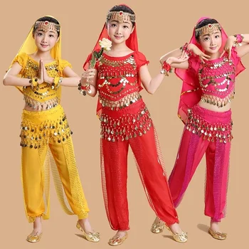 Индийский танцевальный костюм Женская одежда для выступлений в Синьцзяне Детское танцевальное представление сари enfant