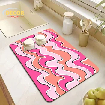 Современный розовый коврик с абстрактными волнами для сушки посуды, коврик для сушки посуды с суперпоглощающим двухатомным моющимся веществом, декор комнаты, Украшение дома Эстетичный