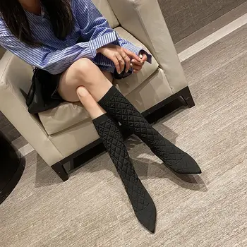 Женская обувь; элегантные женские ботинки на высоком каблуке с острым носком; зимние сапоги до колена на эластичном удобном каблуке из искусственной кожи Gyaru