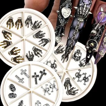 3D Украшение для ногтей со скелетом руки на Хэллоуин 8,2 * 13,2 см, Ретро-золотые Серебряные Когти, Жуткие С Хрустальными стразами Для ногтей