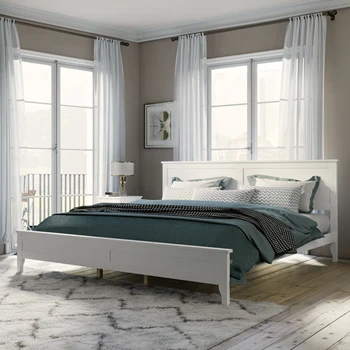 Современная двуспальная кровать-платформа из белого массива дерева
