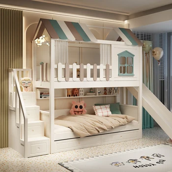 Детская кровать, двухъярусная кровать половинной высоты, двухъярусная кровать, двухъярусная кровать одинаковой ширины, высокая и низкая кровать для матери мальчика, высокое ограждение, замковое дерево