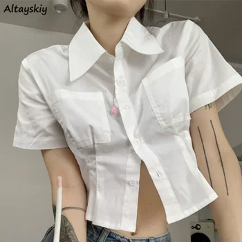 Летние Новые рубашки, женские милые студенческие белые укороченные топы с короткими рукавами и карманами для отдыха, шикарные женские майки с отворотами для бойфренда
