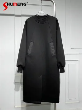 Новые женские зимние 2023, простые черные толстовки с длинными рукавами, платья с разрезом спереди, модное офисное платье средней длины для леди