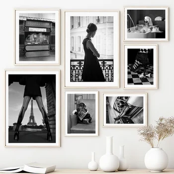 Черный, белый Париж, женщина, автомобиль, Обезьяна, настенное искусство, холст, живопись, плакаты на скандинавскую тему и принты, настенные панно для декора гостиной