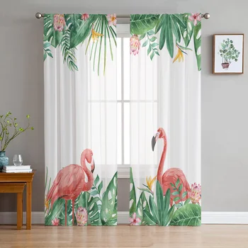 Тропические растения, Фламинго, Пальмовые листья, Тюлевые шторы для гостиной, Прозрачная занавеска для спальни, жалюзи, Вуалевые шторы