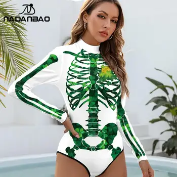 NADANBAO Хэллоуин, боди с 3D принтом Скелета, Купальники для вечеринок, женское лето 2022, женский купальник для серфинга с длинным рукавом
