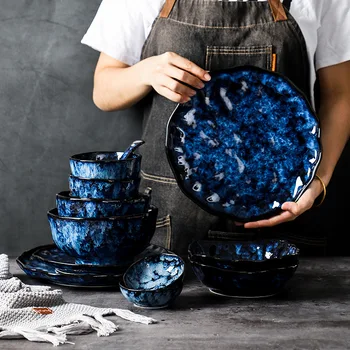 Японская тарелка для основного блюда, Креативный набор посуды с голубой глазурью, Салатница, Ресторанная Домашняя Тарелка для пасты, Гостиничная Керамическая посуда