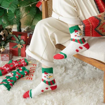 Рождественские носки из кораллового бархата для женщин; Сезон осень-зима; Утепленные теплые домашние носки для сна; Сезон осень-зима; Плюшевые носки для сна в пол;