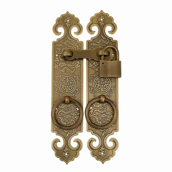 Ручка главной двери в китайском стиле из чистой меди, резная Утолщенная деревянная дверь, Прямая ручка, Дверная пряжка, замок, болт, Тяговое кольцо.