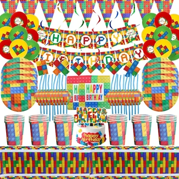 Строительные блоки, принадлежности для декора тематической вечеринки, Одноразовая посуда, чашка, Топпер для торта, Фон из воздушных шаров для украшения вечеринки по случаю Дня рождения