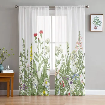 Винтажные тюлевые занавески с травянистыми растениями и цветами для украшения кухни в гостиной, шифоновая обработка окон, вуалевая прозрачная занавеска