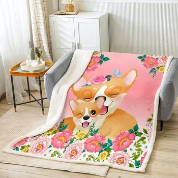 Флисовое одеяло с рисунком милой мультяшной собачки для кровати, дивана, плюшевого одеяла для щенка корги, декоративной собаки Каваи