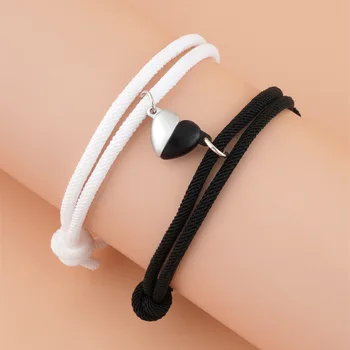 Модный черно-белый браслет с плетеной веревкой в виде сердца, регулируемый по форме браслет с магнитным притяжением, украшения для дружбы