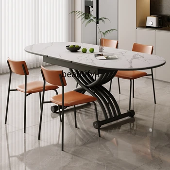 Обеденный стол из каменной плиты, Регулируемый складной выдвижной стол, Передвижной стальной каркас двойного назначения, многофункциональный