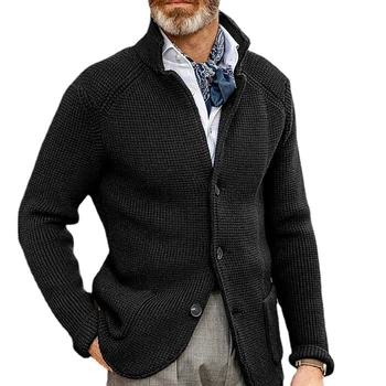 Вязаный мужской кардиган, высококачественный свитер с имитацией шеи на пуговицах для мужчин, зимний модный костюм со стоячим воротником, Кардиганы для похудения для мужчин
