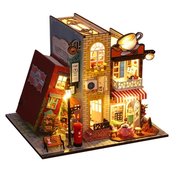 Деревянный Миниатюрный Кукольный Домик Комплект с Аксессуарами Мебель Книжный Уголок Кофейный Кукольный Домик Игрушки Casa Roombox Для Взрослых Подарки На День Рождения