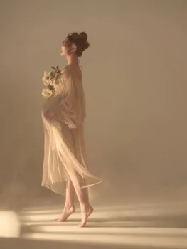 Женский реквизит для фотосъемки, перспективные элегантные платья для беременных, бежевое сетчатое платье для беременных, реквизит для студийной съемки