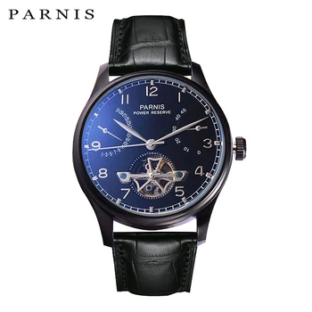 Модные мужские часы Parnis 43 мм Черный скелет с турбийоном, автоматические механические мужские часы с кожаным ремешком, мужские спортивные часы с запасом хода