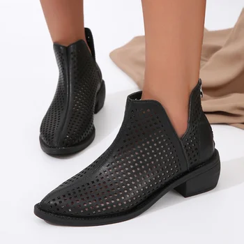 Женская сетчатая обувь на высококачественных женских ботинках с закрытым носком, осенняя дышащая обувь, женская повседневная обувь на молнии и массивном каблуке, Новинка