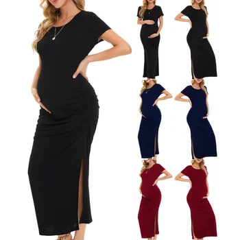 Платье для беременных, сексуальное платье для беременных с короткими рукавами, платье с разрезом сбоку, платье для беременных, реквизит для фотосъемки, женская одежда больших размеров