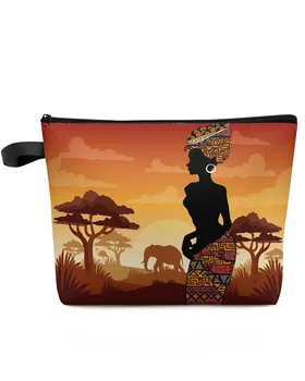 Африканская женщина, Силуэты Жирафа и Слона, Косметичка, сумки для путешествий, Женские косметические сумки, Органайзер, пенал для хранения.