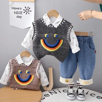 Костюм бойфренда, новый модный детский повседневный свитер, жилет, рубашка, джинсы, осенняя одежда из трех предметов