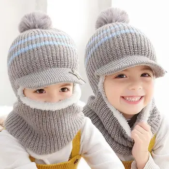 Шерстяная детская маска для лица для девочек и мальчиков с шарфом, головной убор с флисовой подкладкой, детская шапочка, детские шапочки, Вязаная шапка, детские зимние шапки