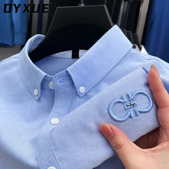 DYXUE Легкая роскошная однотонная мужская рубашка из 100% хлопка с классической вышивкой, дизайнерский лацкан, Деловой повседневный топ с длинными рукавами, M-4XL