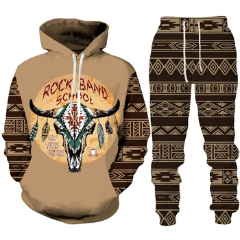 Винтажная племенная корова, толстовки со школьным принтом 3D рок-группы, комплект брюк, молодежная трендовая толстовка, комплект из двух предметов, повседневная мужская одежда, костюм
