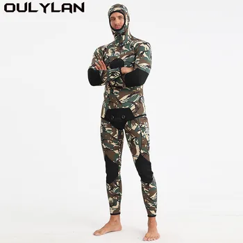 Oulylan с длинным рукавом, с капюшоном, из 2 предметов, костюм для подводного плавания из 5 мм неопрена, камуфляжный гидрокостюм, мужской теплый гидрокостюм