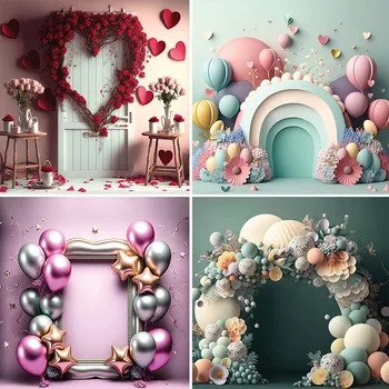 Фон для фотосъемки Mehofond 3D Арка из воздушных шаров, Красочные цветы, Праздничный торт на день рождения, Портретный декор, фон для фотостудии