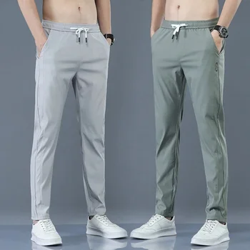 Новые мужские узкие прямые брюки из высокоэластичной быстросохнущей ткани, спортивные штаны для бега трусцой, весенне-осенние повседневные Модные Корейские брюки