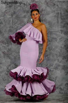 Лавандово-фиолетовые платья для выпускного вечера в стиле русалки в стиле испанского фламенко, многоуровневое ретро-дворцовое платье на одно плечо для женщин, вечерние платья для вечеринок