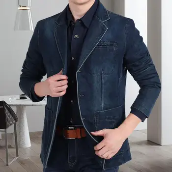 Популярный мужской джинсовый блейзер с лацканами, однобортный Темпераментный костюм с карманами на трех пуговицах, пальто